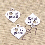 30pcs Charms Heart I Love To Dance 17x17mm Antique Silver Color Pendants DIY Crafts Making Findings Handmade Tibetan Jewelry