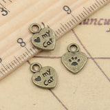 30pcs Charms Heart Love My Cat Paw 12x9mm Tibetan Bronze Silver Color Pendants Antique Jewelry Making DIY Handmade Craft