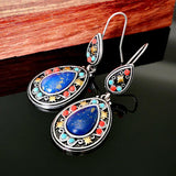 One pair antiqued silver color stone cabochon Tear-shape Earring Hook Jewerly