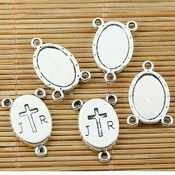 4pcs tibetan silver tone cross oval cameo cabochon connector EF1768