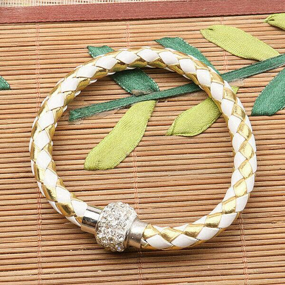 Gold white PU leather cord crystal magnetic lock clasp bracelet cuff  1pc BA17