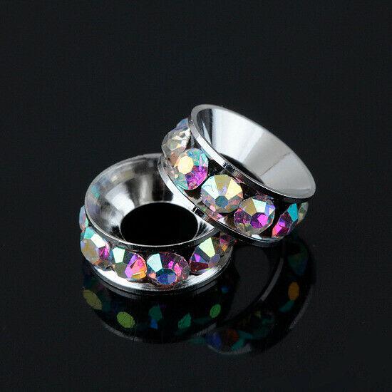 White AB Crystals 10x4mm round Loose European Bead Silver color 8pc PB367