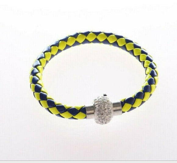yellow navy PU leather cord crystal magnetic lock clasp bracelet cuff  1pc BA15