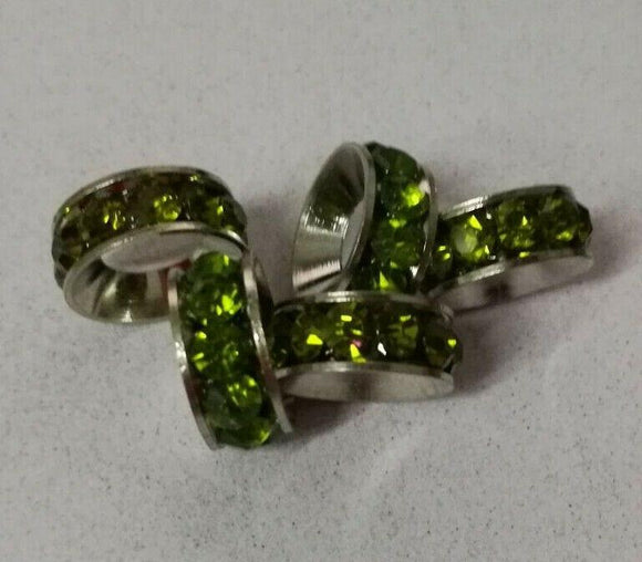 Olive green Crystals 10x4mm round Loose European Bead Silver color 8pc GGE131