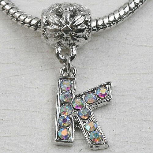 K Letter Alphabet Rhinestone Dangle Pendant European Bead Charms 1pc LT0011