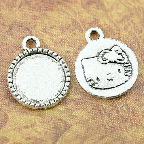 14pcs tibetan silver color round cute cat charm cabochon settings EF1277