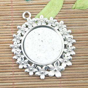 2pc antiqued silver flowers rim round 25mm cabochon settings pendant  EF1215