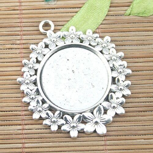 2pc antiqued silver flowers rim round 25mm cabochon settings pendant  EF1215