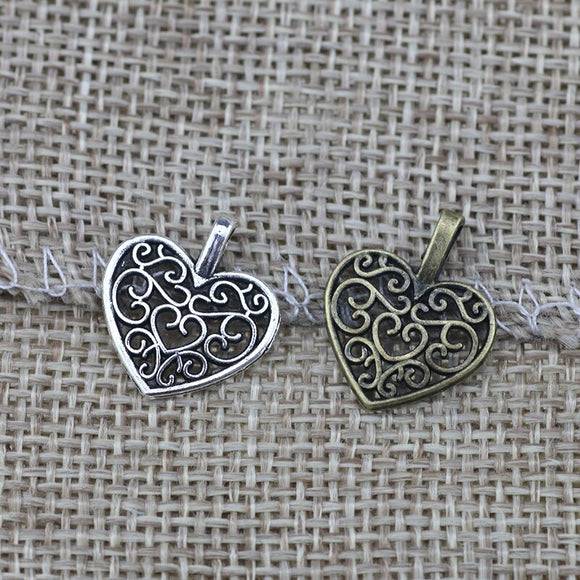 40 Pieces 15x16mm Antique Silver Color Heart Hollow Charms Handmade Jewelry for Necklace