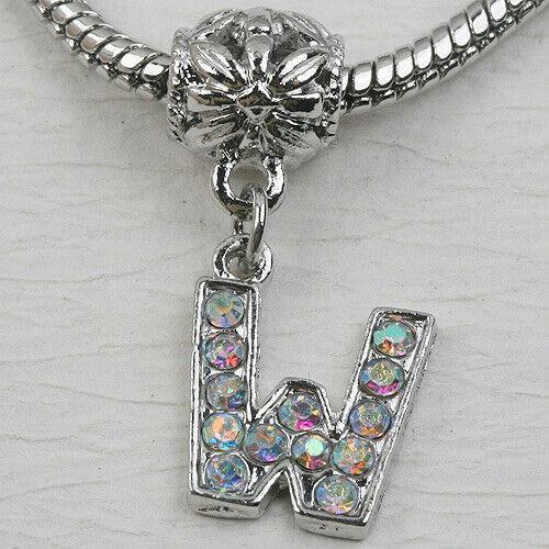 W Letter Alphabet Rhinestone Dangle Pendant European Bead Charms 1pc LT0023