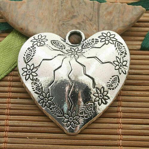 6pcs antiqued silver Floral pattern Heart Shap charms 32x31mm H3280