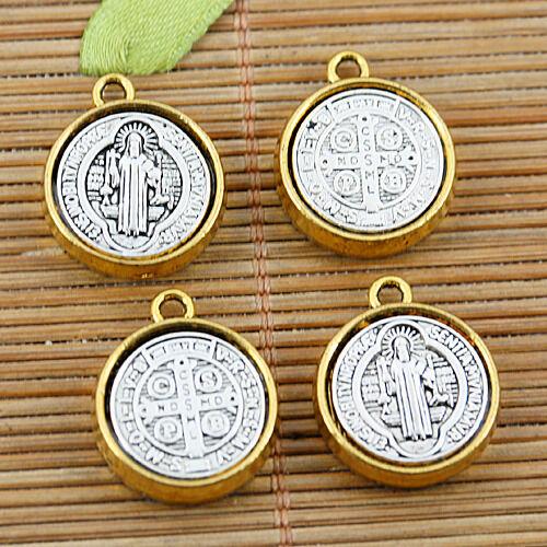 6pcs round religious pendant tibetan silver with dark gold rim EF2419