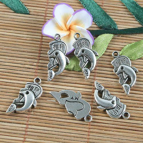 10pcs tibetan  silver color half heart with dolphin pendant charm G1128