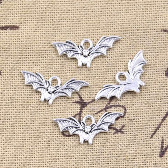 50pcs Charms Halloween Fly Bat 9x21mm Antique Silver Color Pendants EF3652
