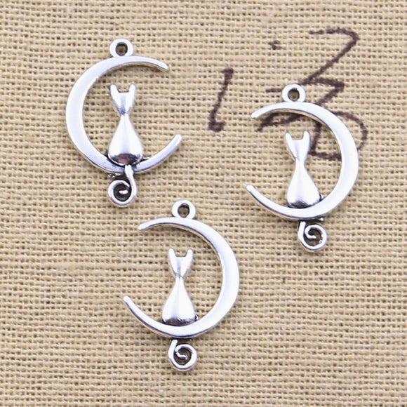 50pcs Charms Moon Cat 21x14mm Antique Silver Color Pendants DIY Crafts Making Findings Handmade Tibetan Jewelry