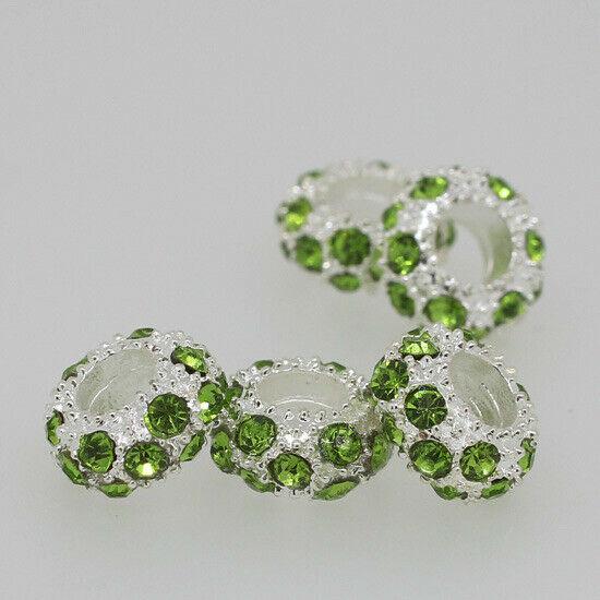 Round 10X5mm light Green Rhinestones Alloy Spacer Bead Silver color 4pc PB508