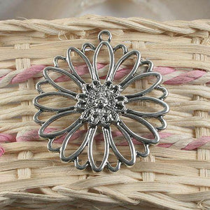 7pcs antiqued silver round flower pendant charm G955