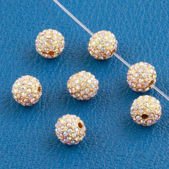 Round 10mm White AB Rhinestones Alloy Spacer Bead Gold color 4pc CA04