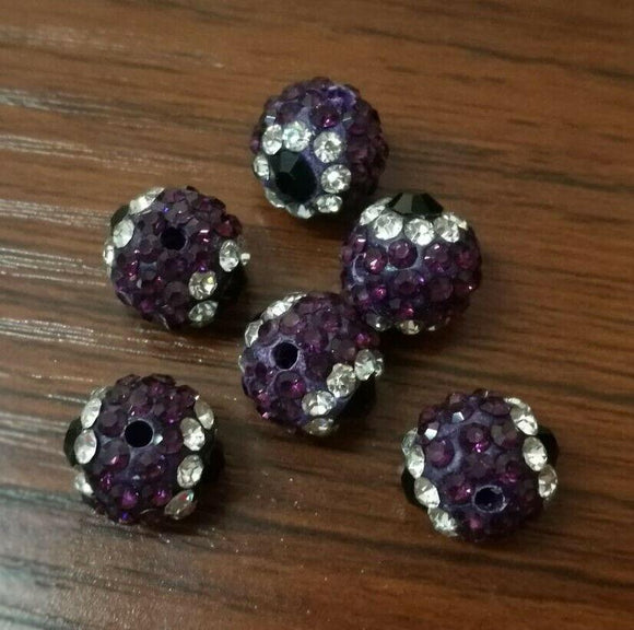 Round 10mm Purple Rhinestones Loose Clay Spacer Bead 5pc GGE444