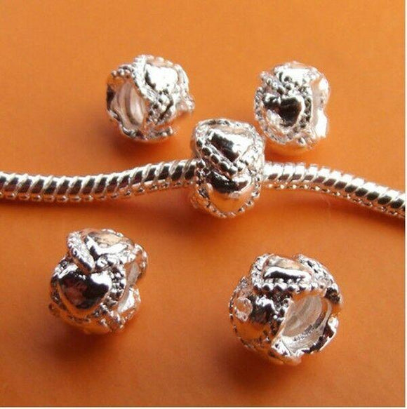 10pcs silver plated round hearts screw loose bead fit european bracelet DW0002