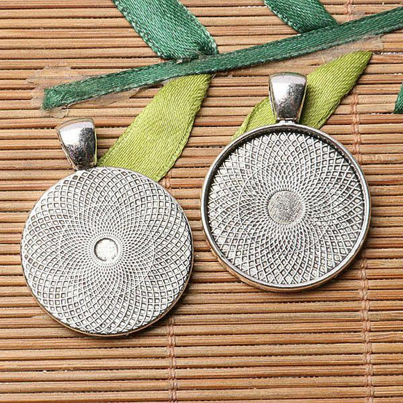 Tibetan silver plated carved round shape 25mm cabochon settings   4pcs  EF3567