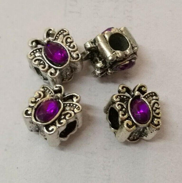 Purple Crystal Butterfly European Loose Bead 11x10x7mm Dark Silver 4pcs GGE827