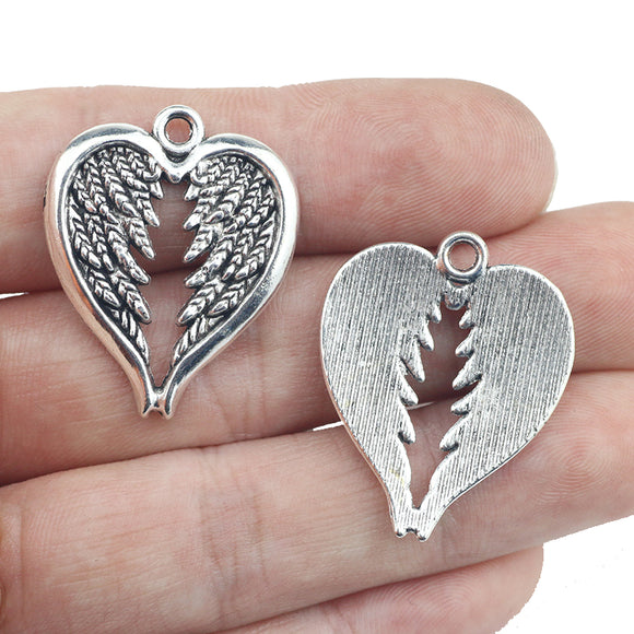 6pcs/lot 25*30mm  Love Heart Wing Charm Antique Silver Color Big Angel Wing DIY Charm Pendant For Necklace Jewelry Making