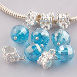 9mm facted Glass Lakeblue Bead Dangle European Charms Silver Color 6pcs PD85