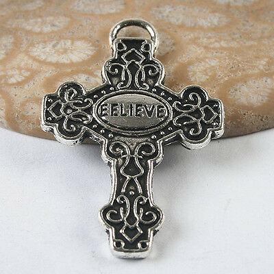 6pcs dark silver tone EELIEVE crucifix charm h3472