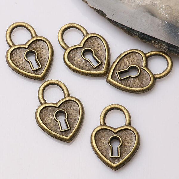 14pcs antiqued bronze 2sided heart shaped lock design charms G1069