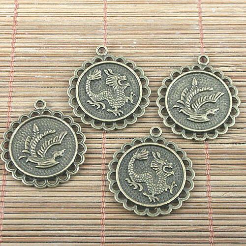 6pcs antiqued bronze round dragon and phoenix design charms H0263