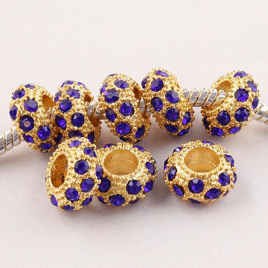 Round 10X5mm Royalblue Rhinestones Alloy Spacer Bead Gold color 4pc PB319