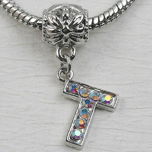 T Letter Alphabet Rhinestone Dangle Pendant European Bead Charms 1pc LT0020