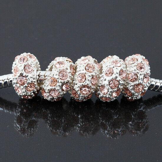 Round 10X5mm peach Pink Rhinestones Alloy Spacer Bead Silver color 4pc PB300