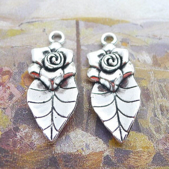 8 Pieces 13*33mm Mixed Alloy Antique Silver Color Flower&Leaf Charms Vintage Pendant Accessory For DIY Jewelry Making