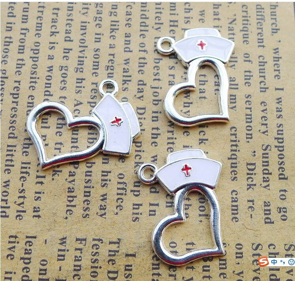 8 Pieces/Lot 20*21mm Antique Silver Plated Alloy Nurse Hat Heart Medical Charm Pendant For Diy Jewelry Making