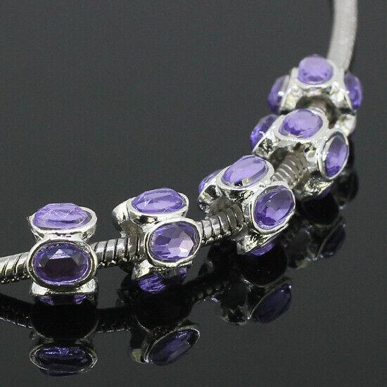 Violet Crystals 11x7mm round Loose European Bead Silver color 5pc PA481