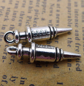 12PCS  Antique Silver Tone 3D Syringe Charm Pendant 6X25mm 8258