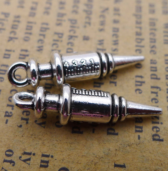 12PCS  Antique Silver Tone 3D Syringe Charm Pendant 6X25mm 8258