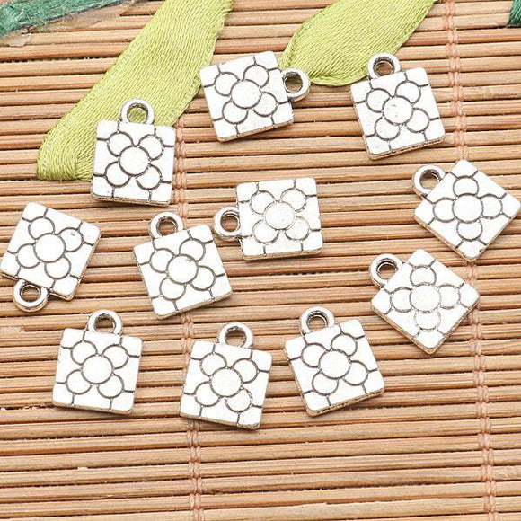100pcs tibetan silver color 2sided square shaped flower charms H3543