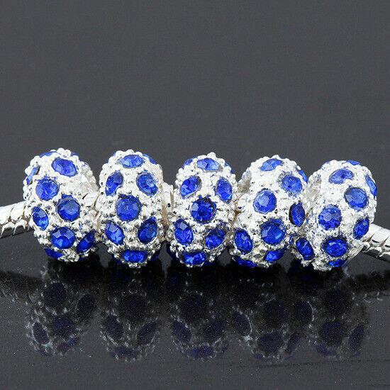 Round 10X5mm Royalblue Rhinestones Alloy Spacer Bead Silver color 4pc PB297