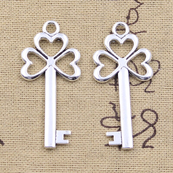 8pcs Charms Three Leaf Clover Lucky Key 47x21mm Antique Silver Color Pendants DIY Craft Making Findings Handmade Tibetan Jewelry