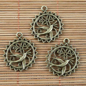 8pcs antiqued bronze round bird flower pendant G1507