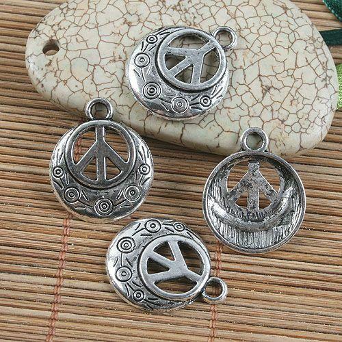 10pcs antiqued silver round peace sign pendant G1206