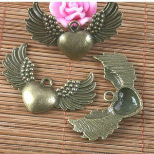 4pcs antiqued bronze heart with wings pendant G1603