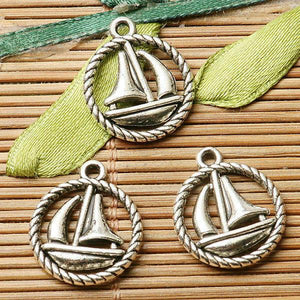 10pcs dark silver color 2sided round rim sailing boat design charms  EF2872