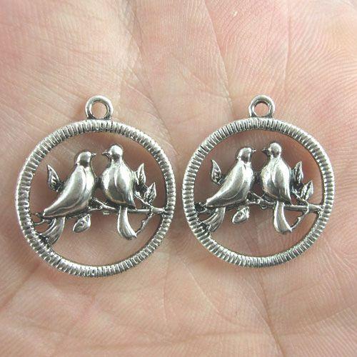 8pcs antiqued silver loves bird in round charm G391