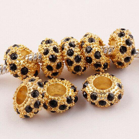 Round 10X5mm Black Rhinestones Alloy Spacer Bead Gold color 4pc PB313