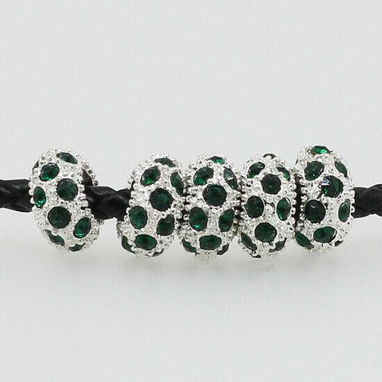 Round 10X5mm darkGreen Rhinestones Alloy Spacer Bead Silver color 4pc PB510
