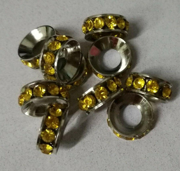 Gold Crystals 10x4mm round Loose European Bead Silver color 8pc GGE132